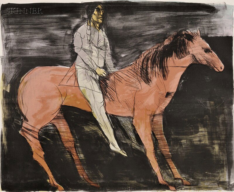 Leonard Baskin (American, 1922-2000) Scout - Man on: Leonard Baskin (American, 1922-2000) Scout - Man on Horse, 1975, edition of 100 (Fern & O'Sullivan, 654). Signed "Baskin" in pencil l.r., numbered "97/100" in pencil l.l. Color lithograph on paper, im