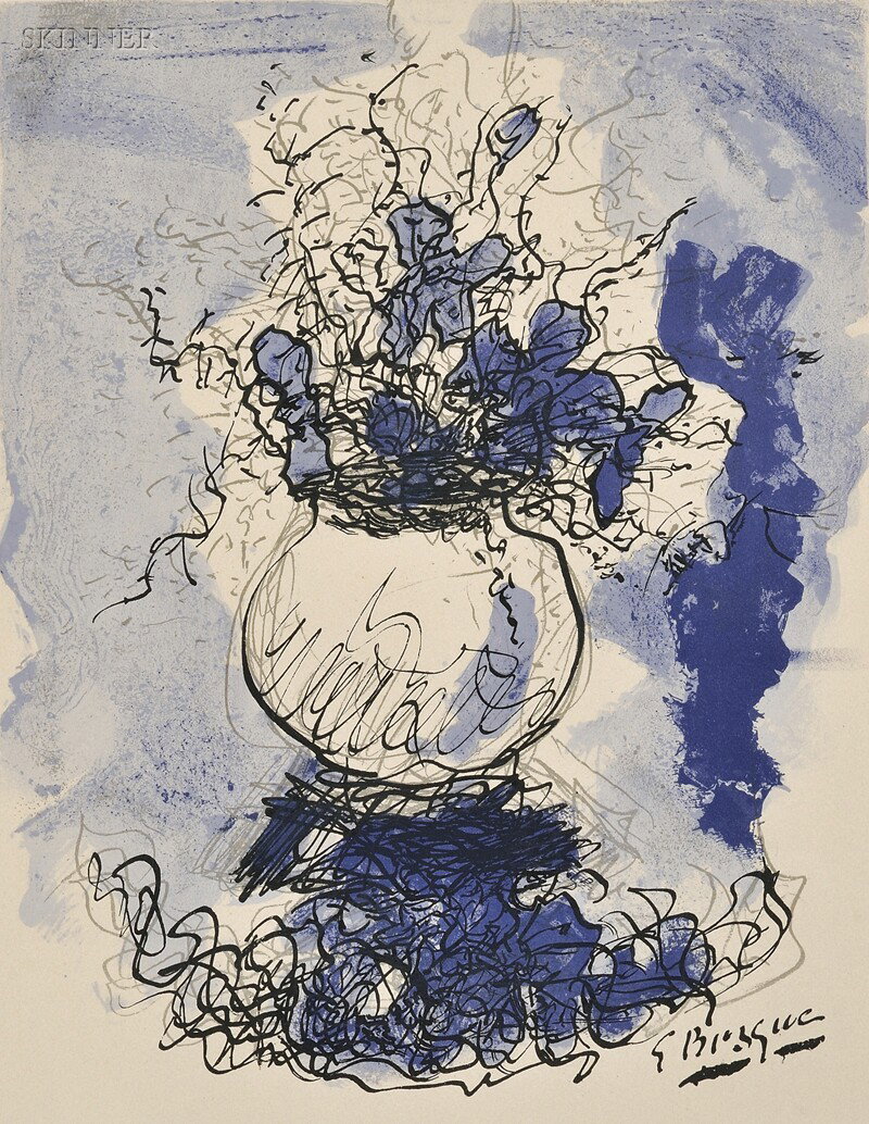 After Georges Braque (French, 1882-1963) Bouquet fl: After Georges Braque (French, 1882-1963) Bouquet fleurs à l'aquarelle (Maeght, 1025). Signed "G Braque" in pencil l.r. and within the matrix, numbered "276/300" in pencil l.l. Color lithograph on Arc
