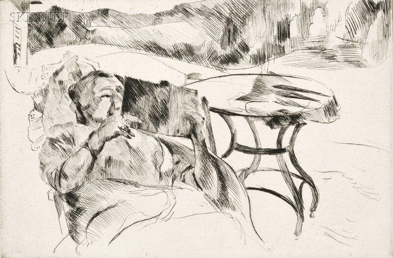 Lovis Corinth (German, 1858-1925) Dame im Gartenstu: Lovis Corinth (German, 1858-1925) Dame im Gartenstuhl, 1911 (Schwarz, 76). Signed "Lovis Corinth" in red crayon l.r., inscribed "probedruck" in red crayon l.l., annotated beneath the plate mark l.l. E