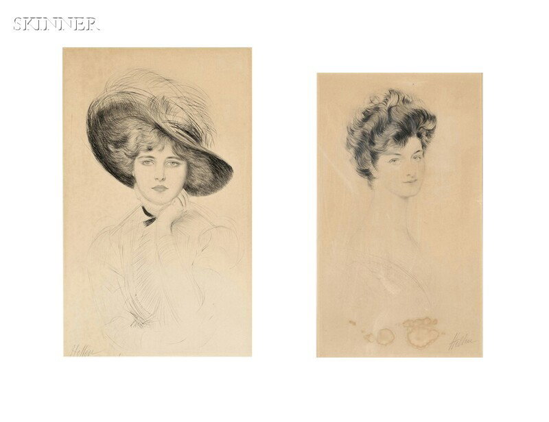 Paul César Helleu (French, 1859-1927) Two Portraits: Paul César Helleu (French, 1859-1927) Two Portraits: Femme au chapeau and Buste de jeune femme. Signed "Helleu" in pencil l.l. and l.r., respectively. Etchings with drypoint on paper,