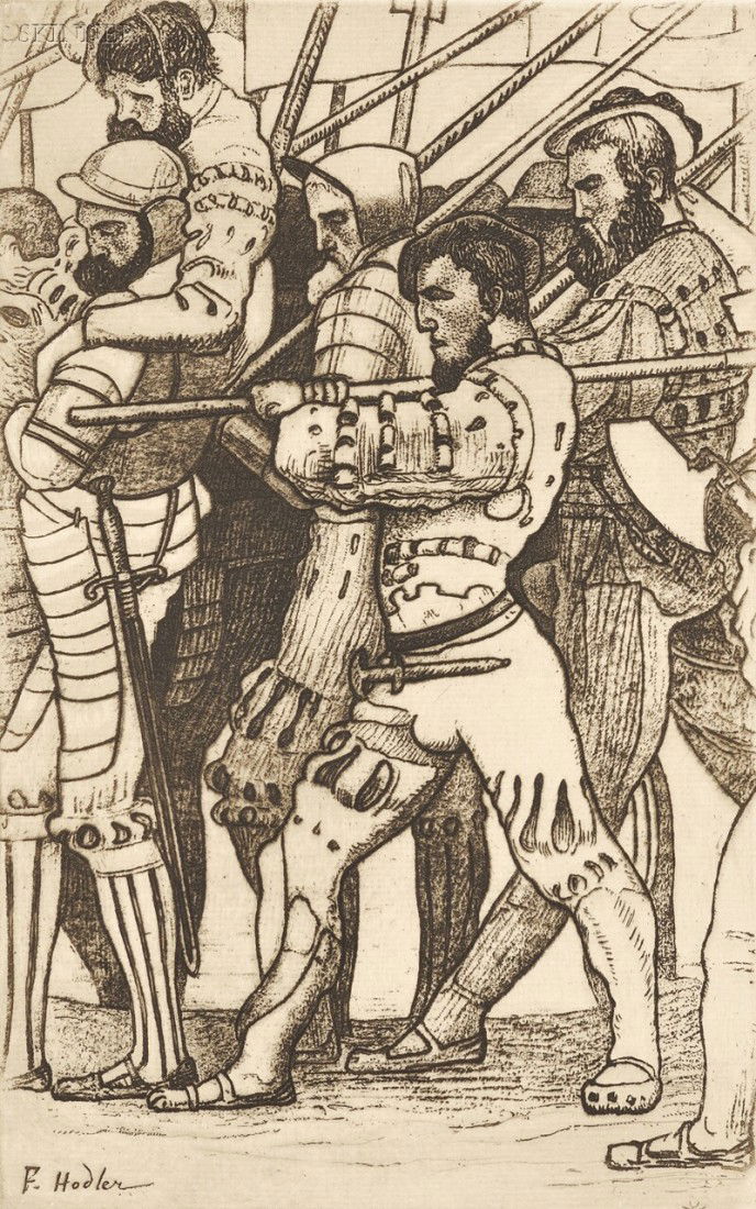 Ferdinand Hodler (Swiss, 1853-1918) Rückzug von Mar: Ferdinand Hodler (Swiss, 1853-1918) Rückzug von Marignano, 1897-98. Signed within the plate. Soft ground etching on Van Gelder Zonen laid paper with watermark, plate size 11 3/8 x 7 3/8 in. (29.0 x 1