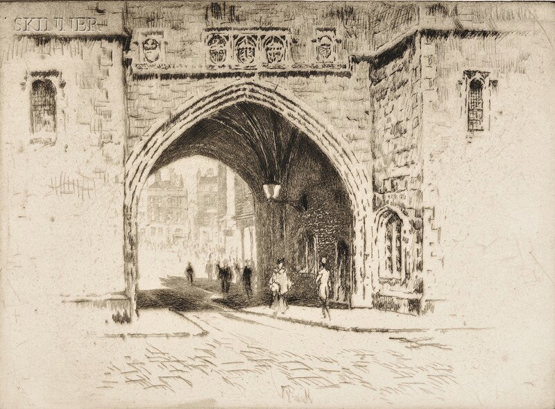 Joseph Pennell (American, 1860-1926) St. John's Ga: Joseph Pennell (American, 1860-1926) St. John's Gate, Clerkenwell, 1903, edition probably of 75 (Wuerth, 273). Signed "Jos Pennell imp" in pencil l.c., signed within the plate, annotated along the