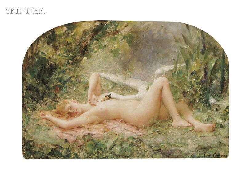 Léon François Comerre (French, 1850-1916) Le Triom: Léon François Comerre (French, 1850-1916) Le Triomphe du Cygne Signed "Léon Comerre" l.r., identified on a presentation plaque. Oil on canvas, demilune format, 24 1/2 x 36 in. (62.2 x 91.4 cm), fra