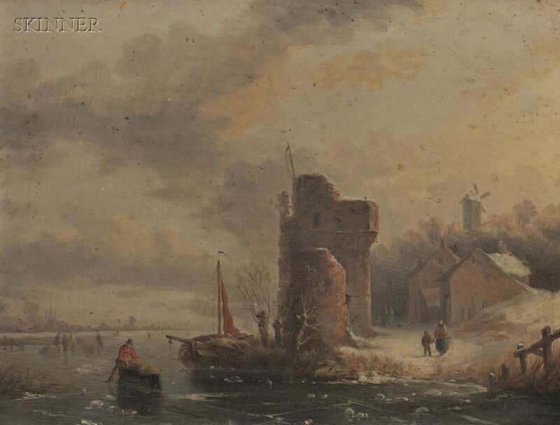 Dutch School, 19th Century Landscape with Frozen R: Dutch School, 19th Century Landscape with Frozen River and Castle Ruins Unsigned. Oil on panel, sight size 9 1/4 x 12 1/4 in, 23.6 x 1.3 cm), framed. Condition: Craquelure, surface grime.