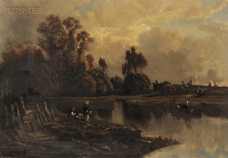 Continental School, 19th Century Two Works: Figure: Continental School, 19th Century Two Works: Figures by a River and Village Scene Unsigned. Oil on artist board, both 6 x 8 3/4 in. (15.2 x 22.2 cm), framed. Condition: Minor s