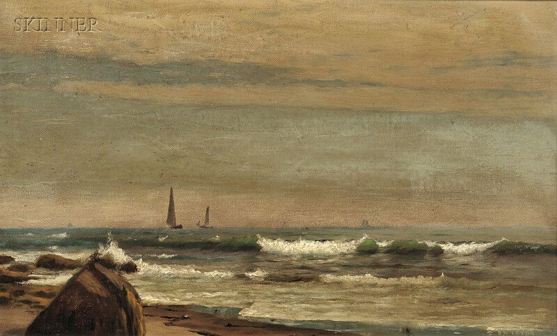 Dwight William Tryon (American, 1849-1925) South S: Dwight William Tryon (American, 1849-1925) South Shore Block Island Signed "D.W. TRYON" l.r., with a label from Curtis H. Moyer Pictures and Frames, Hartford, Connecticut, and titled on a labe