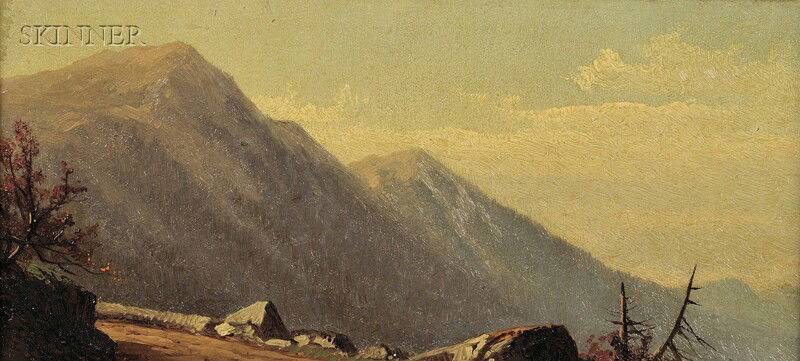 Alfred Thompson Bricher (American, 1837-1908) Moun: Alfred Thompson Bricher (American, 1837-1908) Mountain View Unsigned, titled, and inscribed ".../Bricher" in pencil on the reverse. Oil on artist board, 4 3/8 x 9 3/16 in. (11.0 x 23.4 cm), fr