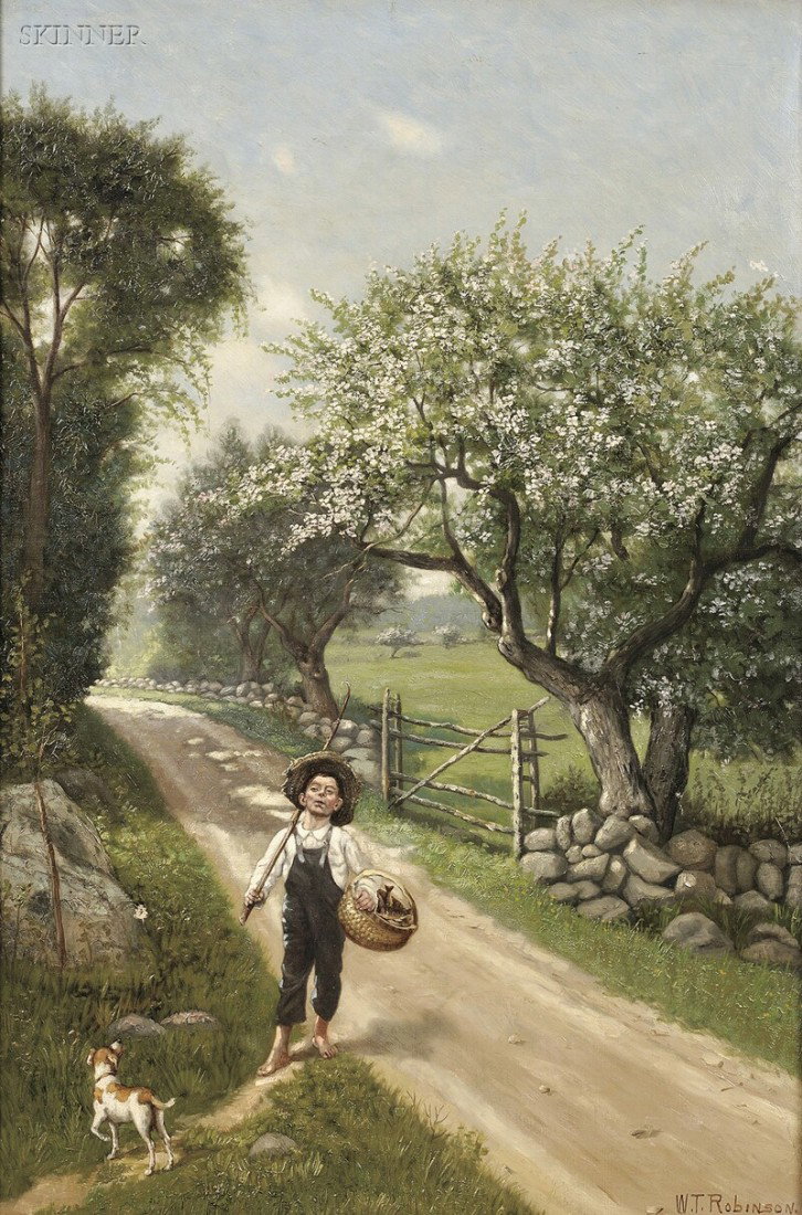 William T. Robinson (American, 1852-1934) Fisherbo: William T. Robinson (American, 1852-1934) Fisherboy on a Country Path in Spring Signed "W.T. Robinson." l.r. Oil on canvas, 24 x 16 in. (60.9 x 40.7 cm), framed. Condition: Puncture with paint loss l.