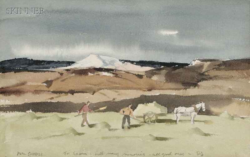Paul Starrett Sample (American, 1896-1974) Haying: Paul Starrett Sample (American, 1896-1974) Haying Signed "Paul Sample" l.l., dedicated "For Erwin-with many memories-all good ones- PS" in pencil l.c. Watercolor on paper, sight size 10 1/2 x 16 3/4 i