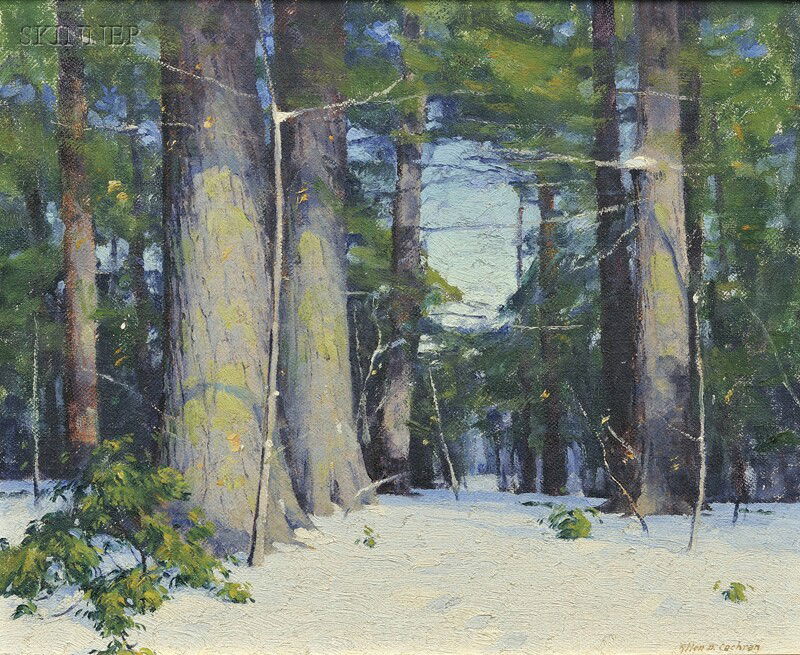 Allen Dean Cochran (American, 1888-1971) Two Winte: Allen Dean Cochran (American, 1888-1971) Two Winter Landscapes: Stream with Snowy Banks and Path Through Tall Pines Both signed "Allen D. Cochran" l.r., both inscribed "...Painted by
