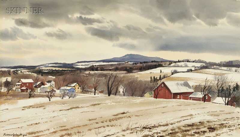 Ranulph (De Bayeux) Bye (American, 1916-2003) Farm: Ranulph (De Bayeux) Bye (American, 1916-2003) Farms in Winter Signed "Ranulph Bye" l.l. Watercolor and graphite on paper, sight size 16 1/4 x 28 in. (41.3 x 71.1 cm), framed. Condition: Not examined o