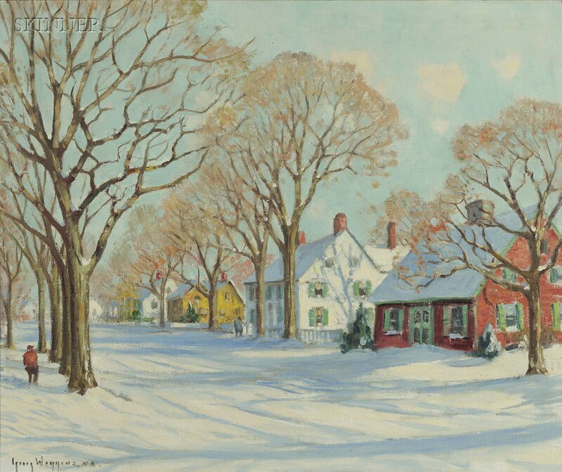 Guy Carleton Wiggins (American, 1883-1962) Early W: Guy Carleton Wiggins (American, 1883-1962) Early Winter in Connecticut Signed "Guy Wiggins N A" l.l., titled and signed on the reverse, inscribed "#3159" on the stretcher. Oil on canvas, 25