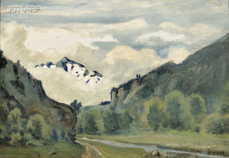 Louis Michel (Eilshemius) Elshemus (American, 1864: Louis Michel (Eilshemius) Elshemus (American, 1864-1941) Maine Signed "Elshemus" l.r., with a partial label from Associated American Artists, New York, affixed to the frame. Oil on Masonite, 14 1/2 x 