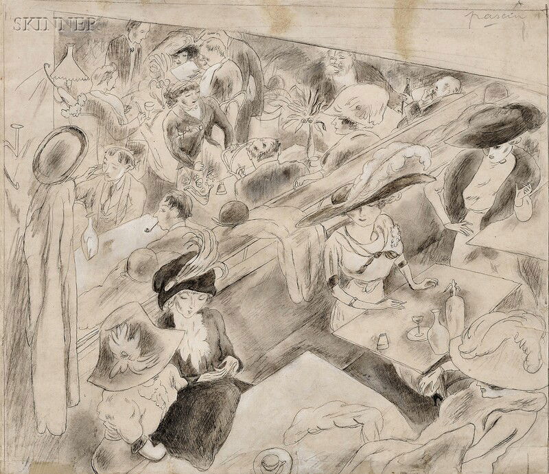 Jules Pascin (French, 1885-1930) Dans le Café Sign: Jules Pascin (French, 1885-1930) Dans le Café Signed "pascin" u.r. Ink with gouache on paper, 10 1/4 x 11 3/4 in. (26.0 x 30.0 cm), framed. Condition: Repairs, staining, creasing, rippling