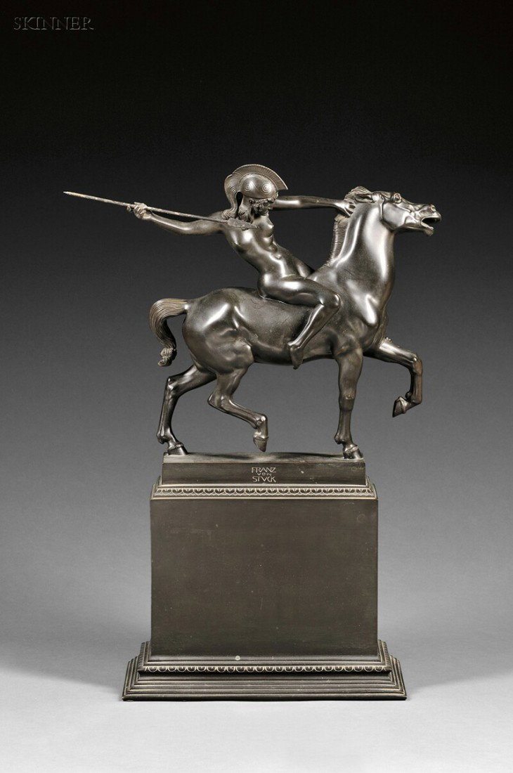 Franz Von Stuck (German, 1863-1928) L'Amazone Sign: Franz Von Stuck (German, 1863-1928) L'Amazone Signed "FRANZ VON STUCK" within the cast on the plinth, foundry stamped "GUSS C. LEYRER MUNCHEN" on the plinth. Bronze with dark brown patina,