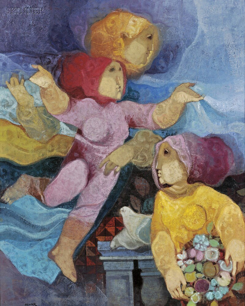 Sunol Munoz Ramos Alvar (Spanish, b. 1935) Women w: Sunol Munoz Ramos Alvar (Spanish, b. 1935) Women with Doves Signed "ALVAR" l.l., dedicated, signed, and dated "Para Sara y Scott/ con todo deseo que en la vida ver todo una primavera/ Alvar Vail 1997.