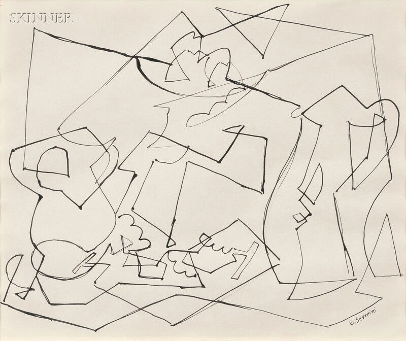 Gino Severini (Italian, 1883-1966) Natura Morta, c: Gino Severini (Italian, 1883-1966) Natura Morta, c. 1948 Signed "G. Severini" l.r. Ink on paper, sheet size 8 3/4 x 10 1/2 in. (22.2 x 26.7 cm), framed. Condition: Brown gum taped to the window mat.