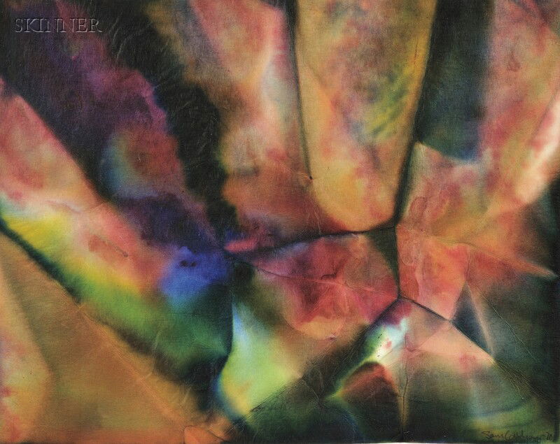 Sam Gilliam (American, b. 1933) Untitled Abstract: Sam Gilliam (American, b. 1933) Untitled Abstract Signed and dated "Sam Gilliam 70" l.r. Mixed media on synthetic fiber, 13 7/8 x 17 1/2 in. (35.4 x 44.5 cm), framed. Condition: Intentional rippling a