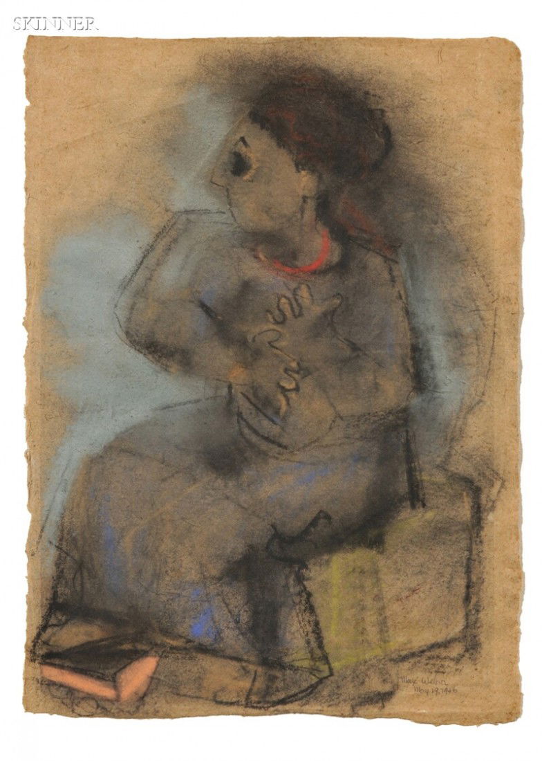 Max Weber (American, 1881-1961) Seated Woman in Pr: Max Weber (American, 1881-1961) Seated Woman in Profile Signed and dated "Max Weber/ May 19, 1946" on the reverse, identified on a label affixed to the cardboard backing. Pastel and charcoa
