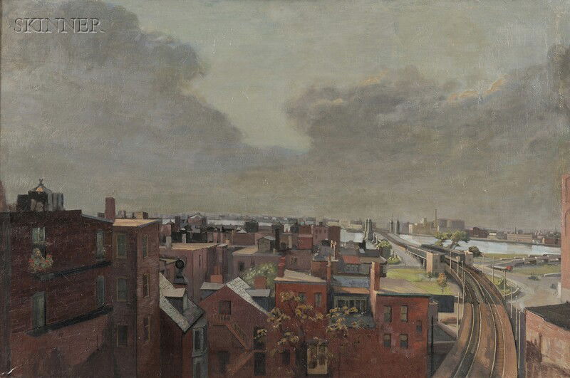 Jack N. Kramer (American, 1923-1983) Rooftops of B: Jack N. Kramer (American, 1923-1983) Rooftops of Boston/Longfellow Bridge Signed "Jack Kramer" and titled and dated "...1953" on the stretcher. Oil on canvas, 24 x 36 in. (61.0 x 91.5 cm), fra