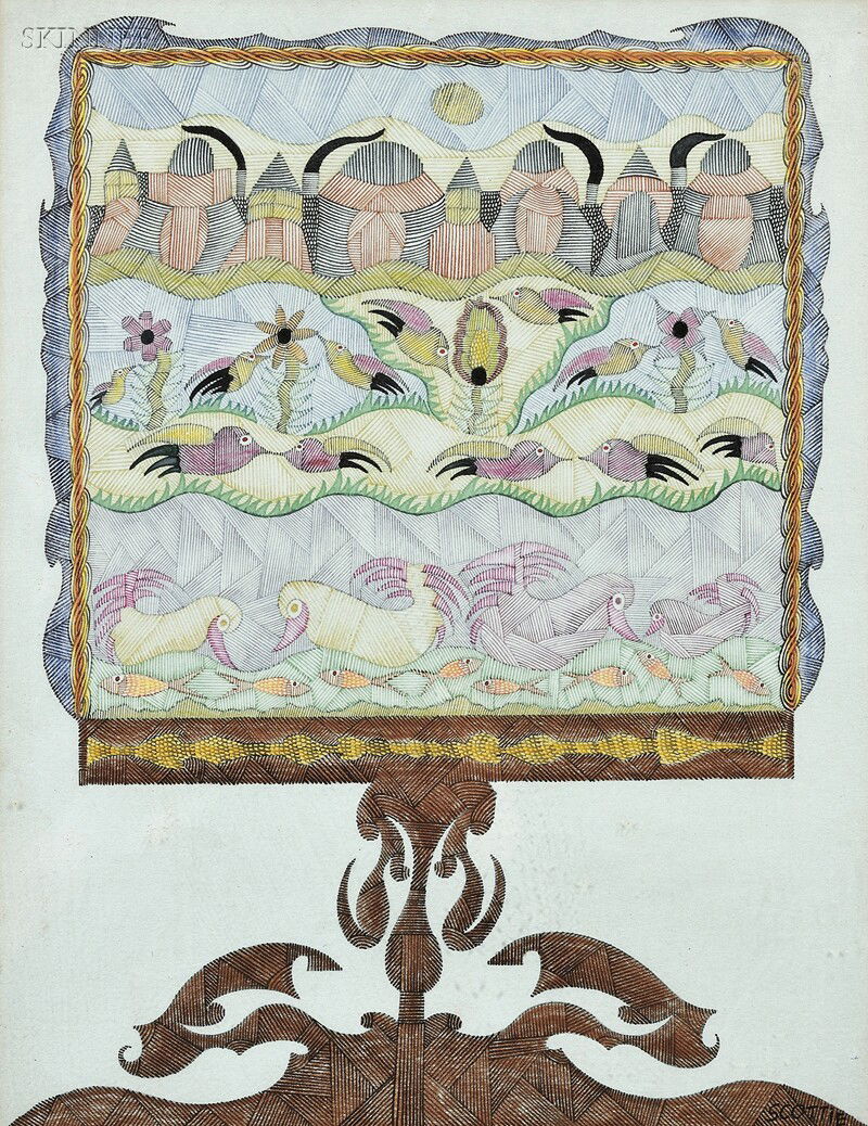 Scottie (Robert) Wilson (British, 1888-1972) Lot o: Scottie (Robert) Wilson (British, 1888-1972) Lot of Two Works: Firescreen and Composition Each signed "SCOTTIE" l.r. and identified on labels from Brook Street Gallery, London,