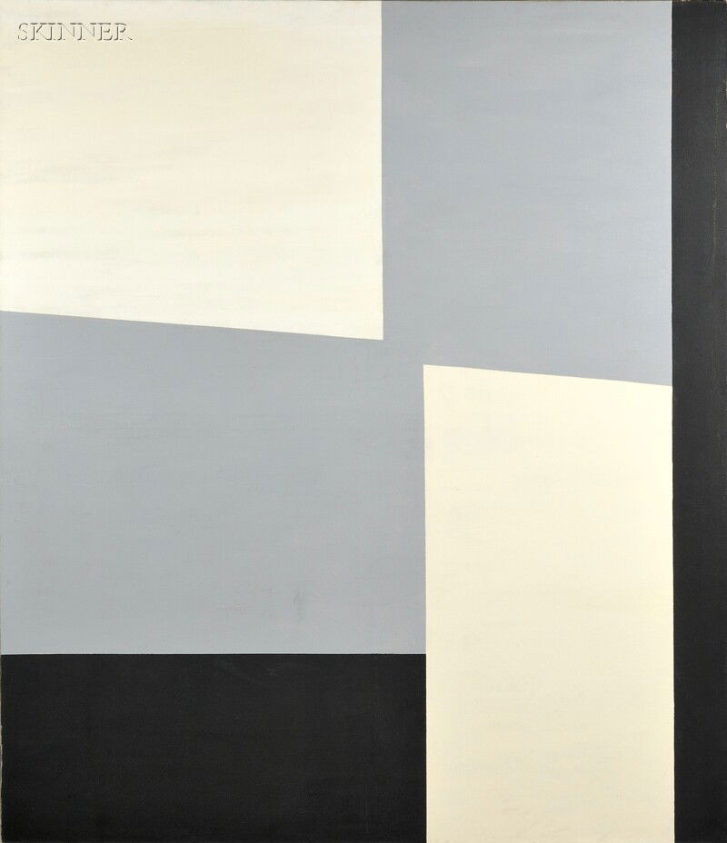 Peter Busa (American, 1914-1985) Middlesex, c. 197: Peter Busa (American, 1914-1985) Middlesex, c. 1975 Unsigned, estate numbered "E-PB-109" and "[KMH, CAN YOU DO AN UP ARROW?] INTER..." on the reverse. Oil on canvas, 88 1/2 x 77 3/4 in. (224.8 x 197.5