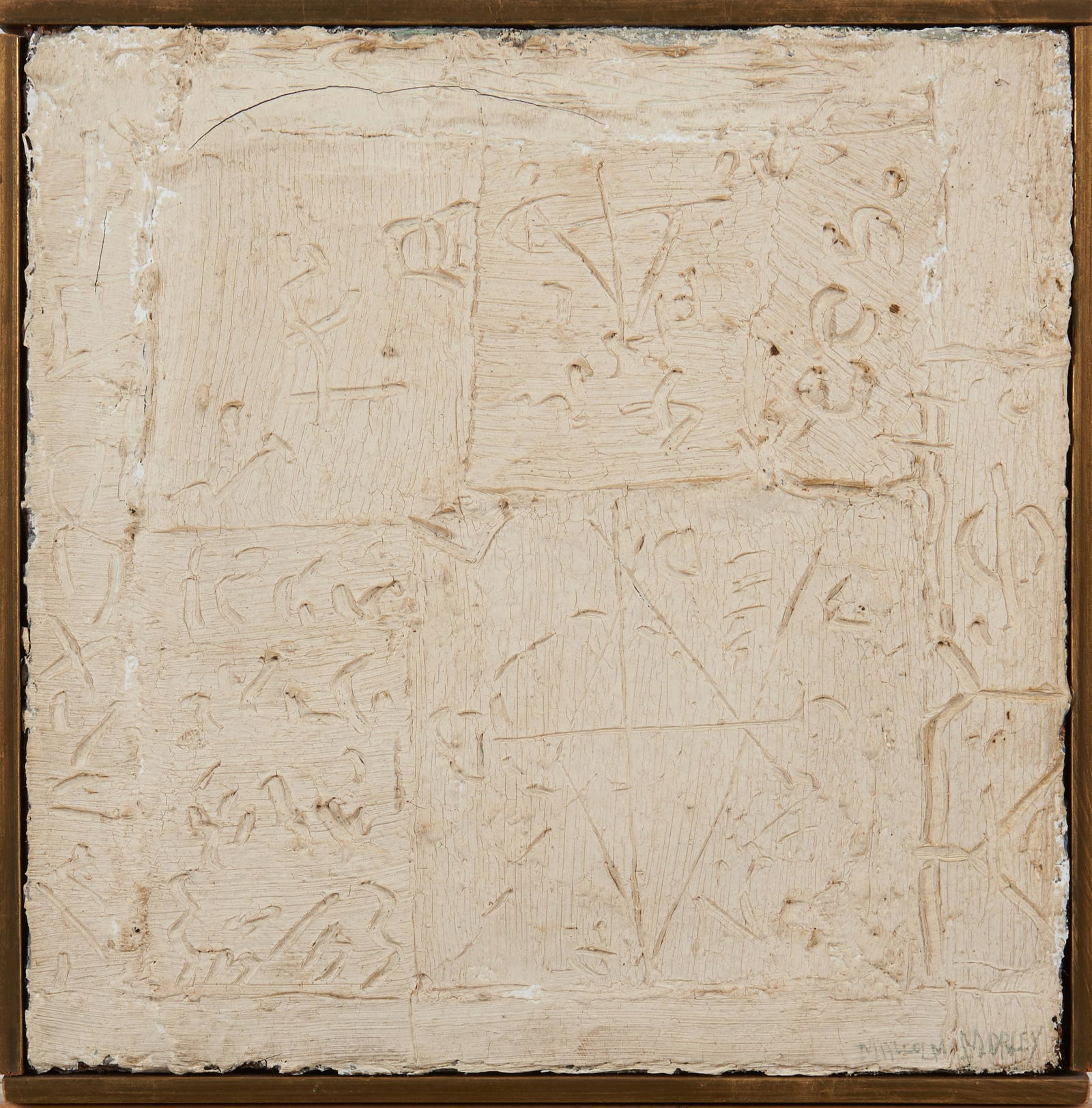 Malcolm Morley (British/American, 1931-2018) Roman Algebra [Long Time Ago], 1962 10 x 10 in. (25...: Malcolm Morley (British/American, 1931-2018) Roman Algebra [Long Time Ago], 1962 signed 'MALCOLM MORLEY' in pencil (lower right), titled in an inscription (on the stretcher), inscribed 'I 39' on an un