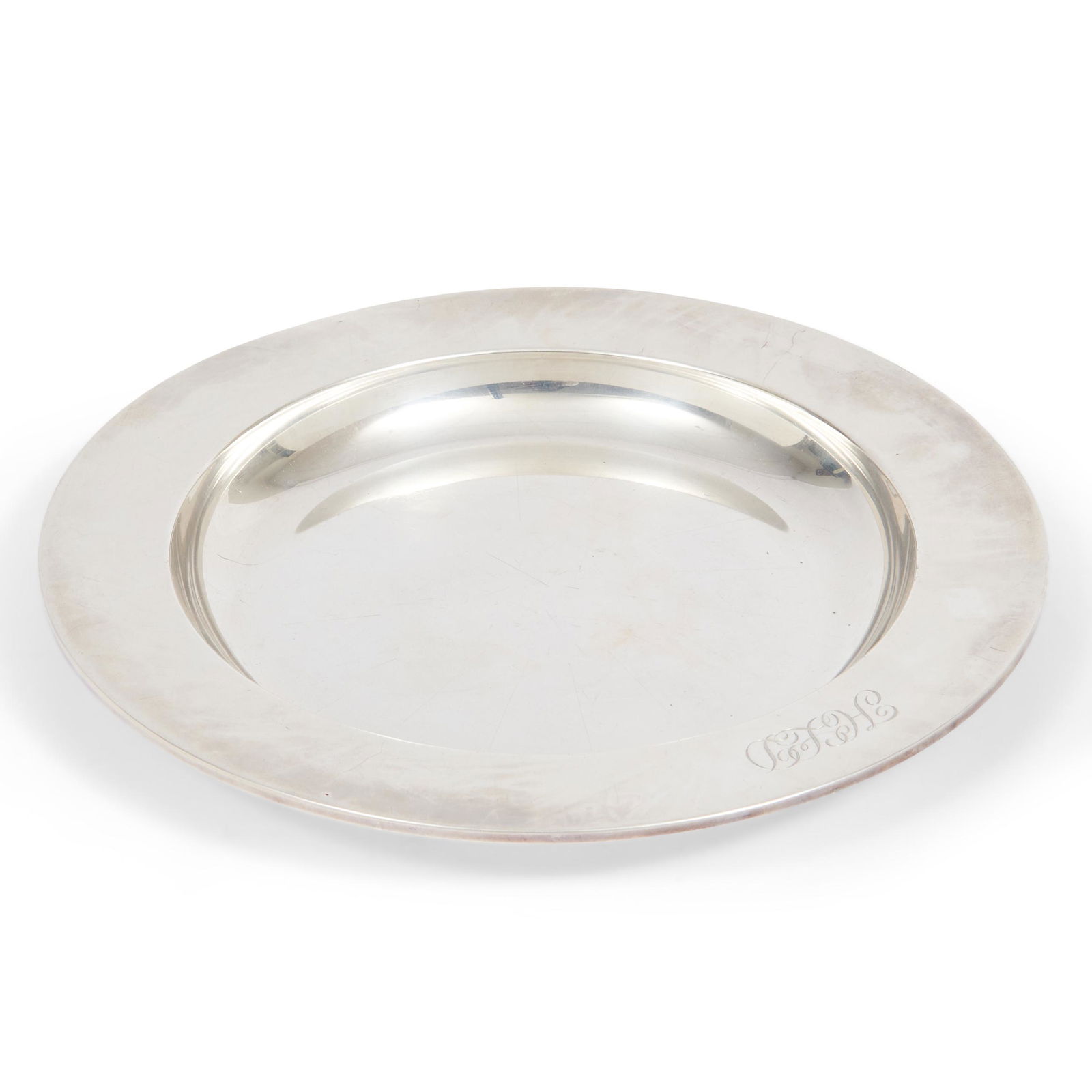 Sterling Silver Charger,: Sterling Silver Charger, Tuttle Silversmiths, Boston, Massachusetts, c. 1935. Large silver reproduction of an early Federal charger made by John Coburn (1725-1803) of Boston, retailed by Shreve, Crump