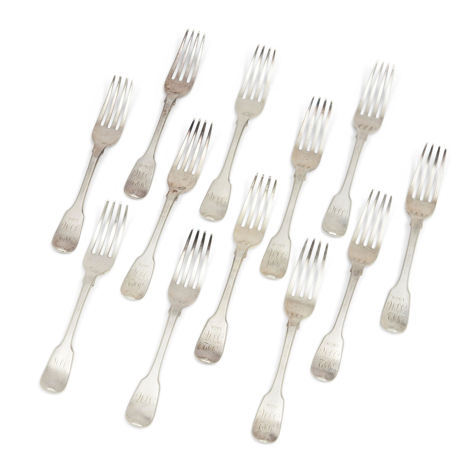 Twelve George III Sterling Silver Salad Forks,: Twelve George III Sterling Silver Salad Forks, London, 1817, Sarah and John William Blake, makers, fiddle pattern, later monogramming to front, lg. 6 3/8 in., approx. 17.7 total troy oz.