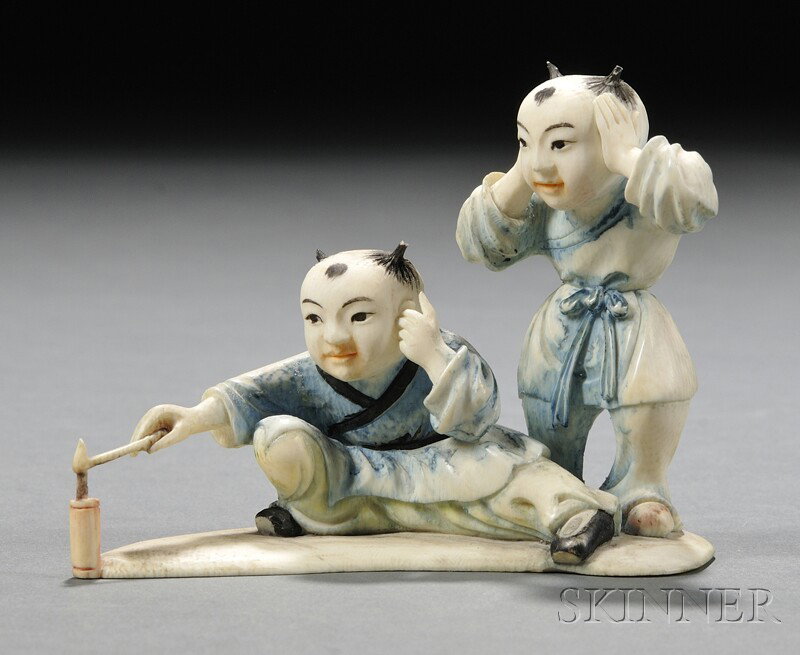 Ivory Carving, China, two boys lighting a firecrack: Ivory Carving, China, two boys lighting a firecracker, lg. 3 3/4 in.