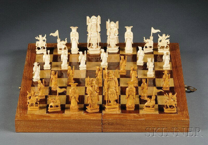 Ivory Chess Set, China, 20th century, thirty-two pi: Ivory Chess Set, China, 20th century, thirty-two pieces in silk cushioned box, lg. 16 in.
