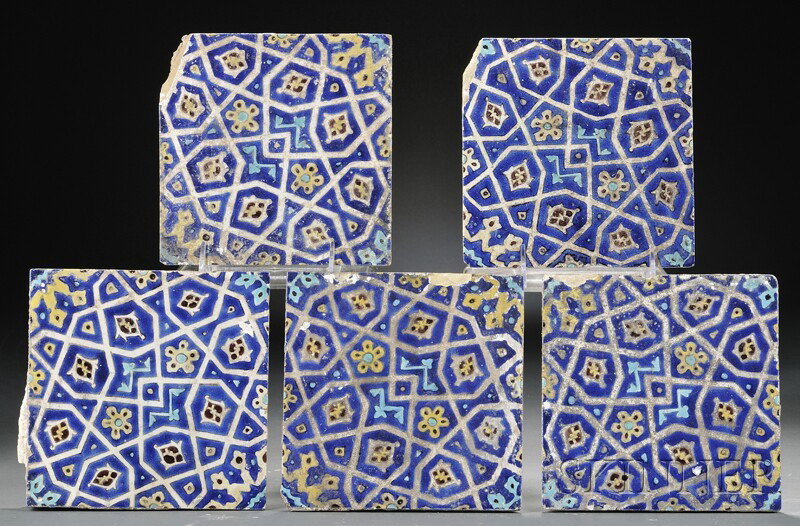 Five Porcelain Tiles, possibly, Syria (?), decorate: Five Porcelain Tiles, possibly, Syria (?), decorated with enameled stylized flowers in a geometric grid, wd. 6 1/2 in.