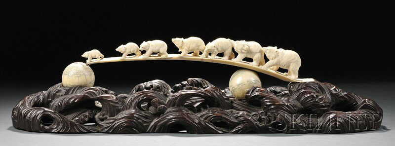 Ivory and Wood Carving, China, finely carved ivory: Ivory and Wood Carving, China, finely carved ivory bears with two round ivory balls, bridging over a finely carved wood base of waves, lg. 21 in.