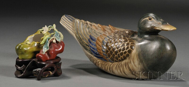 Pottery Duck and Miniature Peppers, China, enamele: Pottery Duck and Miniature Peppers, China, enameled duck, lg. 9; red and green peppers with stand, lg. 2 7/8 in.