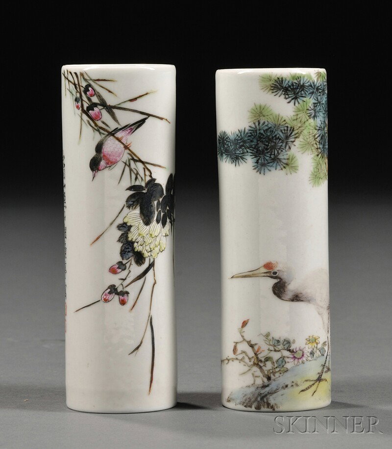 Pair of Vases, China, small, cylindrical forms wit: Pair of Vases, China, small, cylindrical forms with enamel decoration, ht. 4 3/8 in.