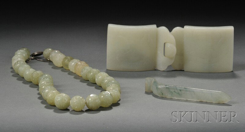 Three Jade Items, China, a hairpin, carved bead ne: Three Jade Items, China, a hairpin, carved bead necklace, buckle, lg. to 14 in.