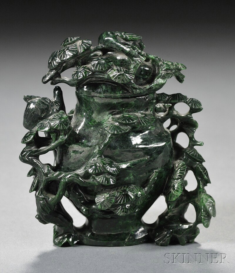 Small Jade Vase, China, carved with high-relief pi: Small Jade Vase, China, carved with high-relief pine tree and birds, stone of spinach color, ht. 3 1/2 in.