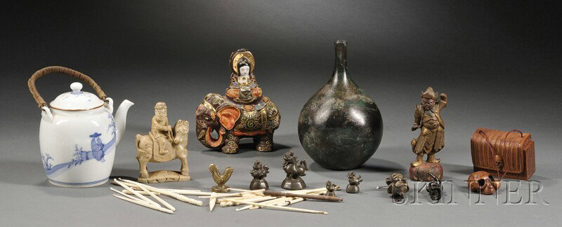 Group of Miscellaneous Items, China, soapstone man: Group of Miscellaneous Items, China, soapstone man on horse, a warrior, Kuan Yin on an elephant, bronze vase, teapot, two boxes of ivory needles, a bag of seven weights, and a tabacco box, ht. to 7 3/