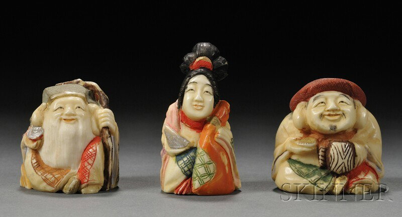 Three Netsuke, Japan, Daikoku, Fukuroku-jin, and O: Three Netsuke, Japan, Daikoku, Fukuroku-jin, and Ona no Komachi, all polychrome, ht. to 1 3/4 in.