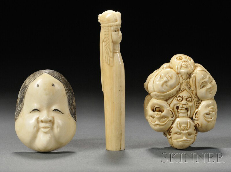 Three Netsuke, Japan, Ebisu mask, a mask maker, an: Three Netsuke, Japan, Ebisu mask, a mask maker, and Egyptian head, ht. to 3 3/8 in.