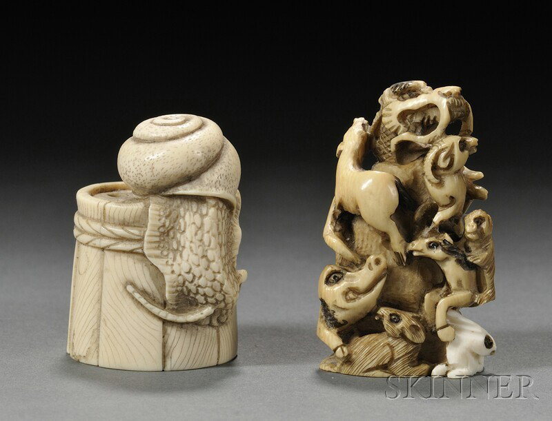 Two Netsuke, Japan, a snail on a barrel, and a Zod: Two Netsuke, Japan, a snail on a barrel, and a Zodiac group, ht. to 1 3/4 in.