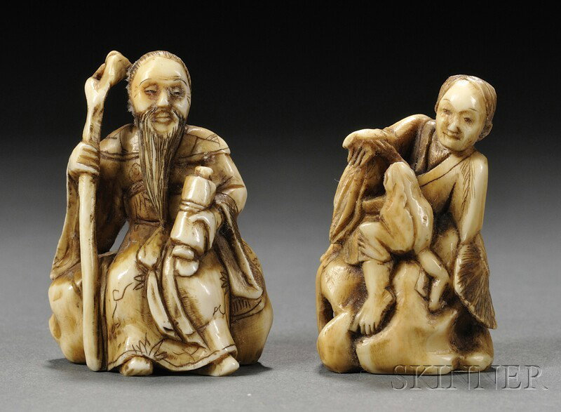 Two Netsuke, Japan, Gama Senvin with a frog and a: Two Netsuke, Japan, Gama Senvin with a frog and a scholar holding a scroll, ht. 1 7/8 in.