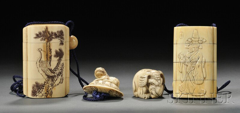 Two Ivory Inro, Japan, four-section inro with inci: Two Ivory Inro, Japan, four-section inro with incised camel and peacock with turtle and lion netsuke, and a four-section inro with birds, pine branch, and dancer with rabbit netsuke, lg. 3 in.