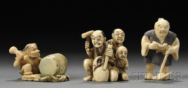 Three Netsuke, Japan, Raiden, God of Thunder, with: Three Netsuke, Japan, Raiden, God of Thunder, with drum, Daruma makers, and a Sumo wrestler, ht. to 1 7/8 in.