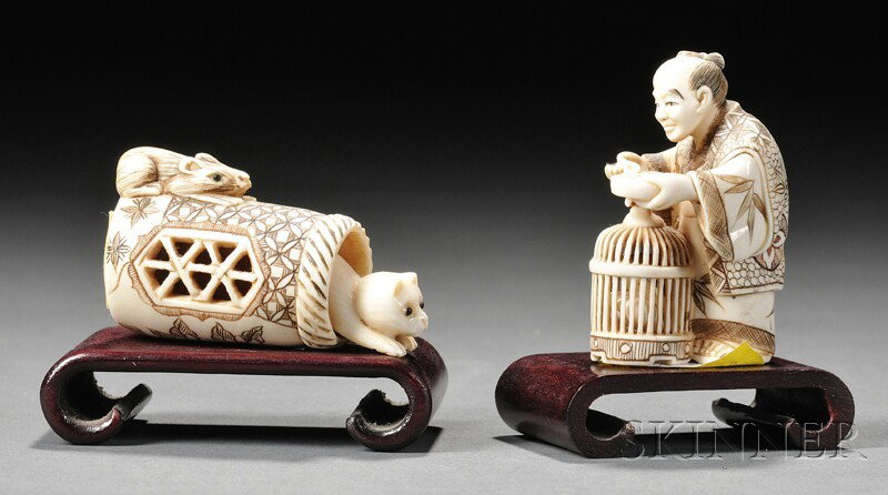 Two Netsuke, Japan, late 19th century, a man with: Two Netsuke, Japan, late 19th century, a man with a birdcage and a cat and mouse, lg. 1 5/8 in.
