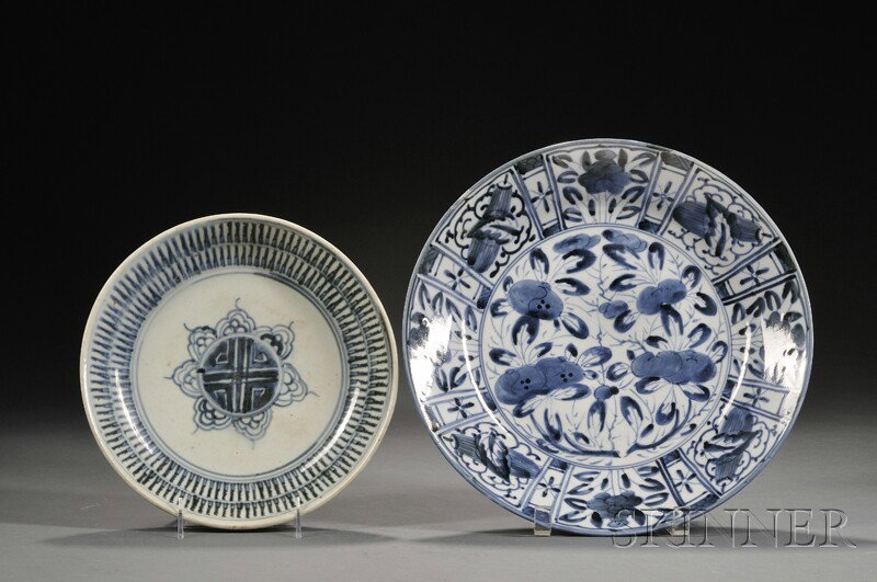 Pair of Blue and White Plates, China, a Ming dynas: Pair of Blue and White Plates, China, a Ming dynasty export to Southeast Asia and a Kraak ware, (hairline cracks), dia. to 12 3/4 in.