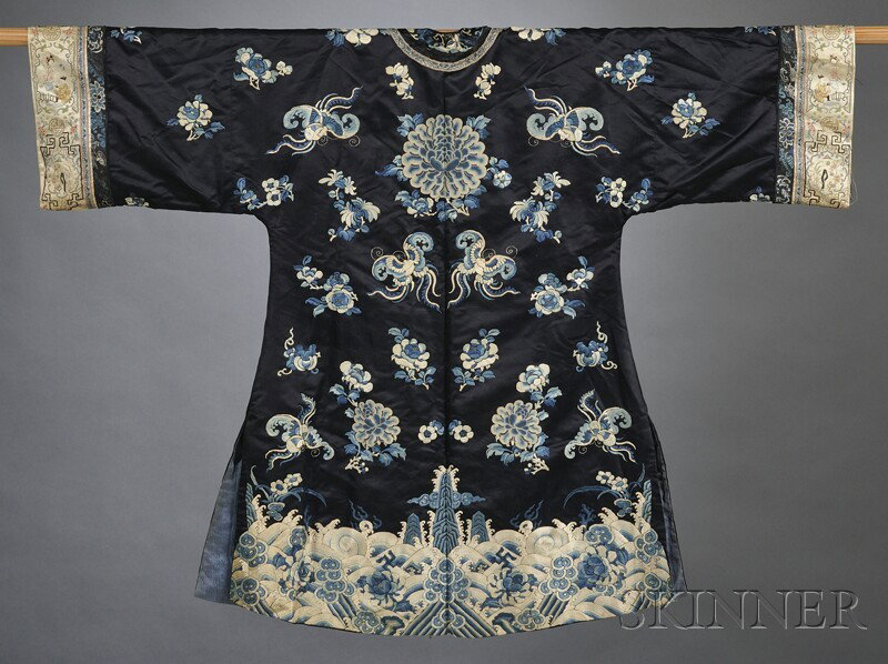 Embroidered Blue Silk Robe, China, late 19th centu: Embroidered Blue Silk Robe, China, late 19th century, showing Mt. Penglai, waves, bats, and flowers, lg. 43 in.