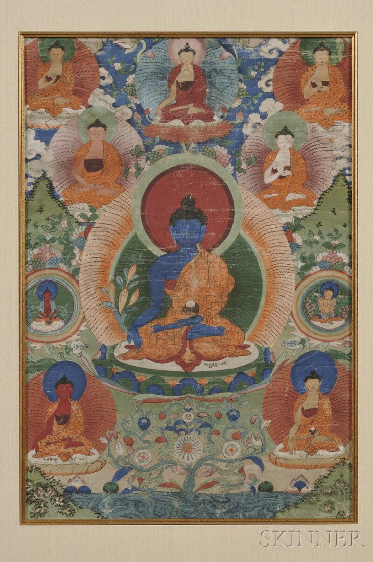 Three Buddhist Paintings, Sino-Tibetan, 19th/20th: Three Buddhist Paintings, Sino-Tibetan, 19th/20th century, a blue Buddha, a blue Yama, and a Bodhisattva, all framed, ht. to 41 7/8 in.