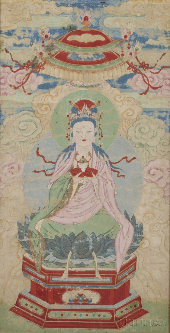 Buddhist Painting, China, 19th century, Kuan Yin s: Buddhist Painting, China, 19th century, Kuan Yin seated on a lotus throne, framed, ht. 31 7/8 in.