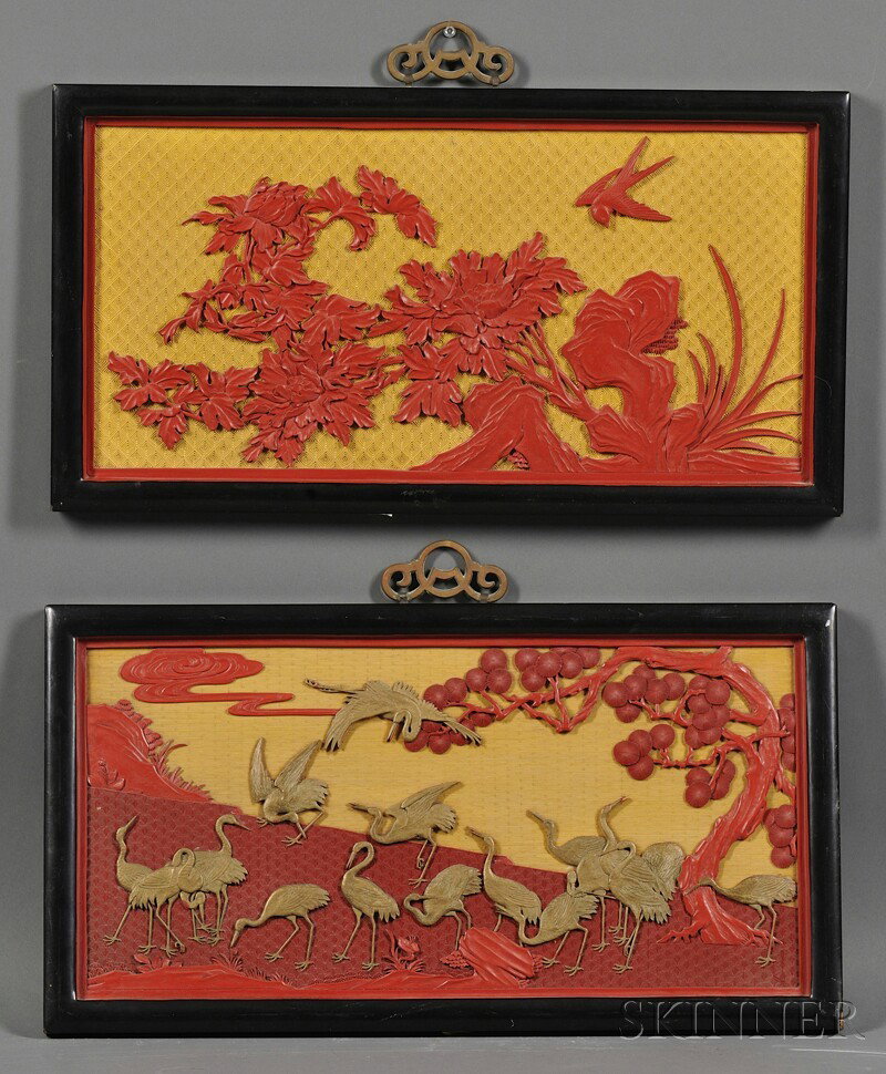 Pair of Cinnabar Lacquer Plaques, China, 19th/20th: Pair of Cinnabar Lacquer Plaques, China, 19th/20th century, one depicting cranes and pine trees, the other depicting birds and peonies, both executed in red and yellow lacquer, lg. 21 1/8 x 11 7/8 in.